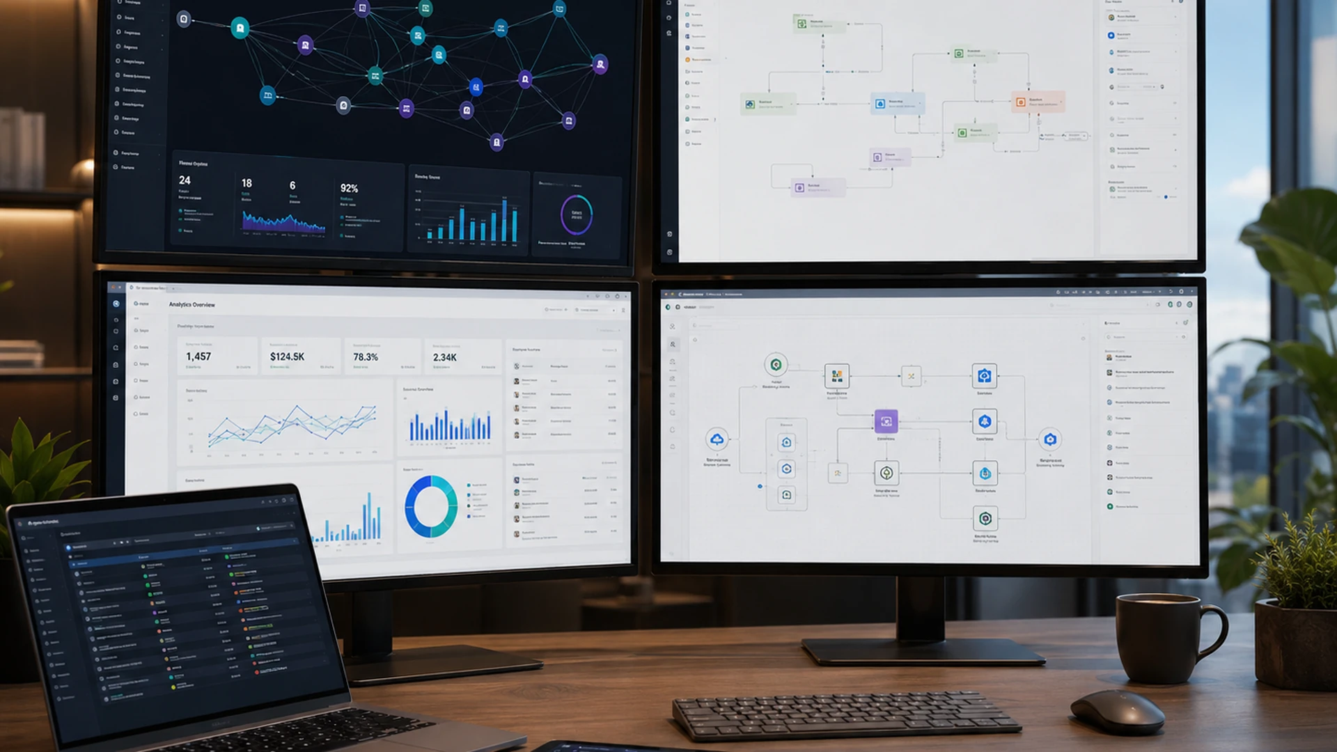 AI workflows, analytics, automation, and connected systems displayed across multiple screens